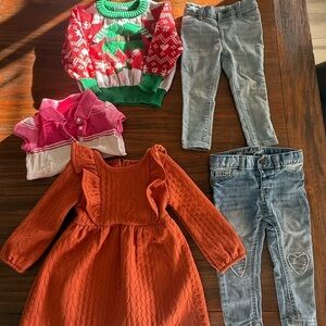 Girl’s 18 Month Bundle - Orange Dress, Christmas Sweater, Osh Kosh Jeans, Polo